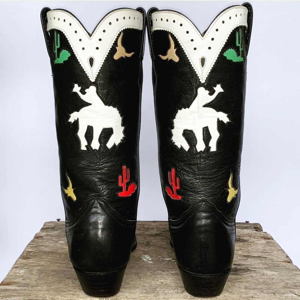 SOLD LARRY MAHAN Vintage Rodeo Cactus Black Cowgirl Cowboy Western Boots 7 - Picture 2 of 7